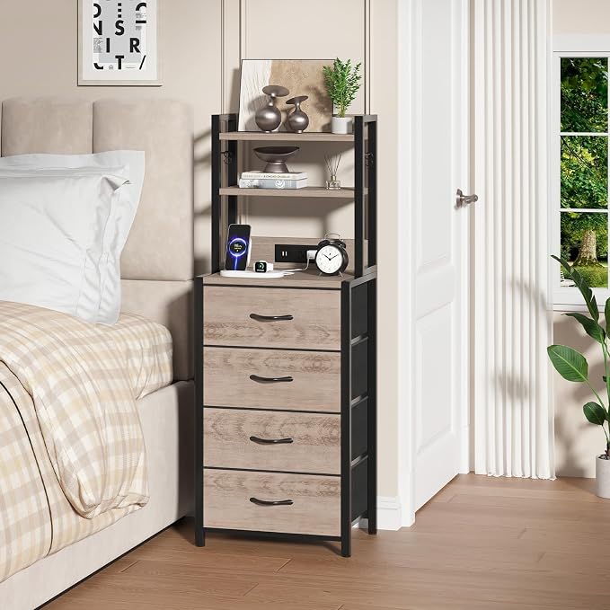 Tall Nightstand with LED Light, LED Night Stand with Charging Station and USB Type C Port, Bedside Table with 4 Fabric Drawers for Bedroom, Dorm, Office (Greige)