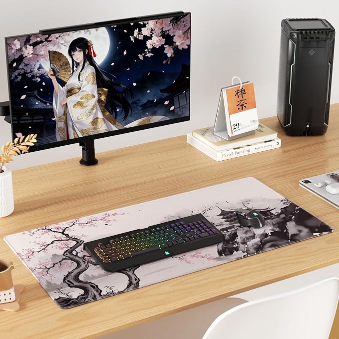 KTRIO Large Gaming Mouse Pad, Desk Mat, 31.5 x 15.7 in, Zen Sakura, XXL | Smooth Micro-Weave Surface, Artistic Pattern Design, Non-Slip Rubber Base, Durable Stitched Edges, Office & Home Use