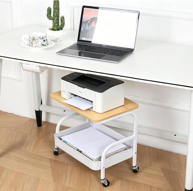 Under Desk Printer Stand with Storage 2 Tier Rolling Printer Cart with Wheels, Mobile Short Under Shelf Storage Small RollingTable Cart for Home and Office, White