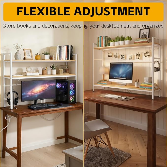 38.5" Desk Shelf with Outlets, 2-Tier Adjustable Multipurpose Engineered Wood Organizer Desk Hutch, Office Storage Rack, Desktop Shelf Organizer for Dorm,Office Home(Nature)