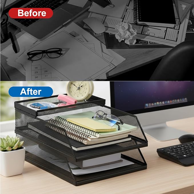 4-Piece Desk Organizer Set with 3 Slanted Paper Trays and Top Caddy, Metal Mesh Desktop File Organizer, Stackable Letter Trays for Document Storage in Home, Office, School (Black)