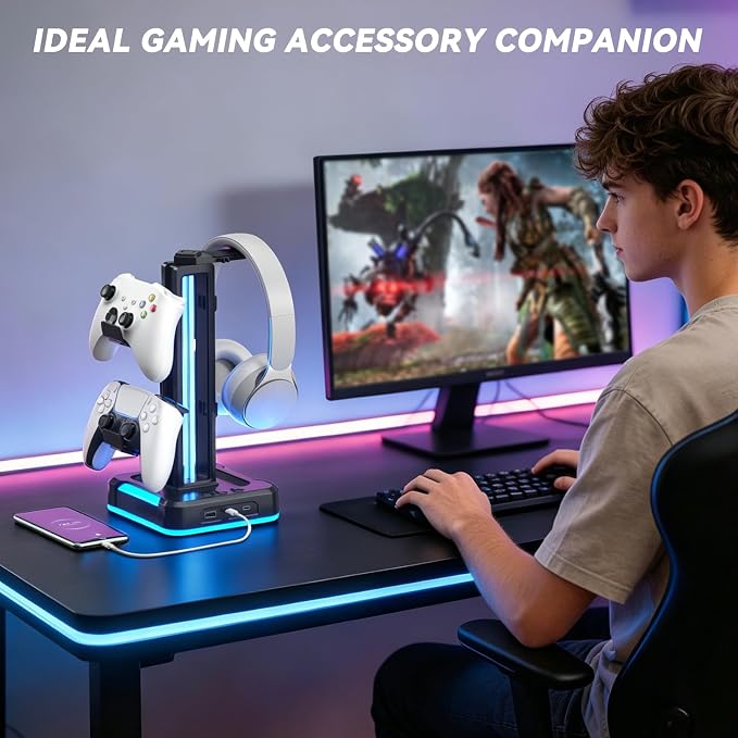 KDD RGB Headphone and Controller Stand with 2 Type-C and 1 USB Ports - Headset Stand with 9 Light Modes - Controller Headset Holder for Desk - Gaming headphone Holder for Gift and PC Room Accessories