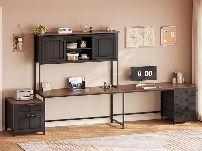 SEDETA Farmhouse L Shaped Office Desk with 6 Drawer, Reversible Computer Desk with Power Outlet, Hutch for Home Office/Two Person, Corner Desk with File Drawer & Printer Storage Shelves, Black