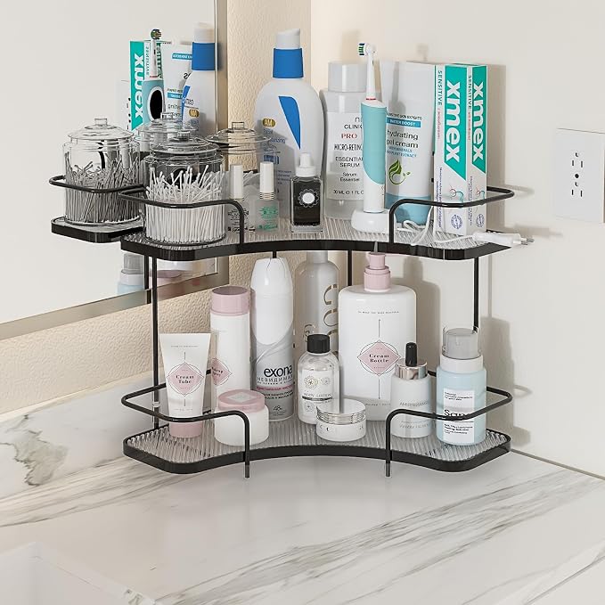FOLLOWIN 2 Tier Countertop Corner Organizer, Corner Shelf for Vanity Countertop, Bathroom, Kitchen & Coffee Bar, Open Metal Frame with Clear Trays, Tool-Free Assembly, Space-Saving Storage, Black