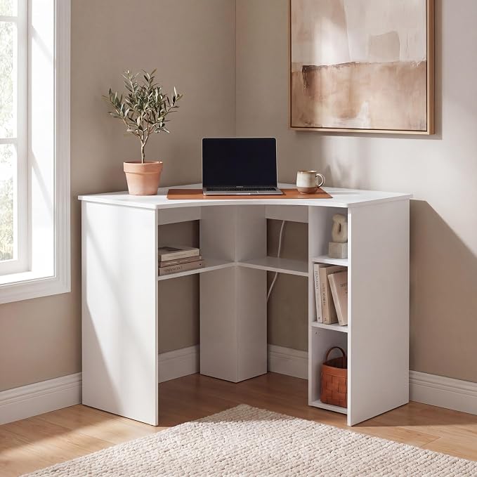 Giantex White Corner Desk, Triangle Computer Desk with Charging Station, Open Storage Shelves and Curved Edge, Space Saving Writing & Makeup Vanity Desk for Small Spaces, Home Office, Bedroom