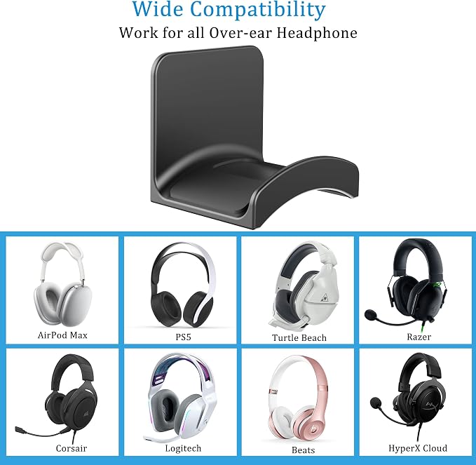 SOKUSIN Headphone Stand Headset Holder - Adhesive Gaming Earphones Hanger, Universal Desk Wall Mount Hook for All Headphone/Controller, Compatible with Beats, AirPods Max,Sony, JBL (Black-2PCS)