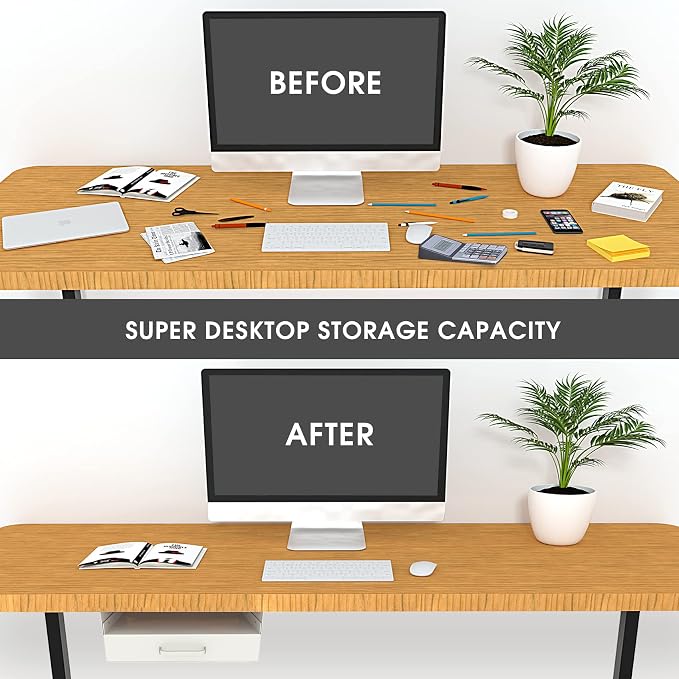 GOME White Under Desk Drawer Storage with Laptop/Book/Folders Shelf, Double Layer Easy Slide-Out Undermount Drawer Organizer with Ball Sliding Track for Home Office Sit-Stand Workstation