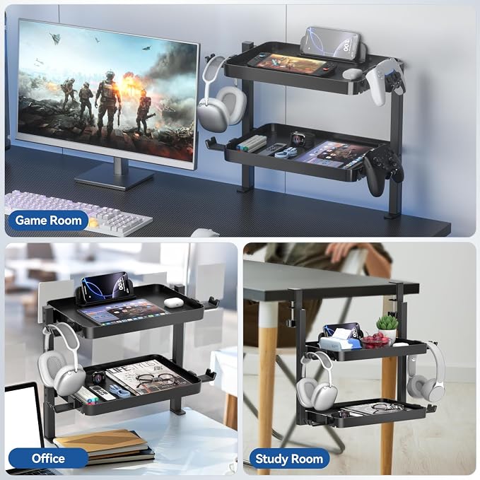 KDD Clamp On Desk Organizer - Adjustable 2-Tier Above or Under Desk Shelves with Large Capacity Tray, Phone & Tablet Holder, Headphone Hook - No Drilling Desktop Storage for Office & Home Accessories