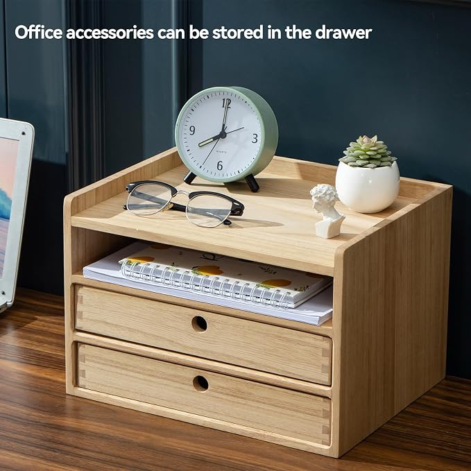 KIRIGEN Desktop Organizer Cabinet with 2 Drawers and Tray, Wood Office Desk Storage Shelf, 3-Tier Countertop Organizer for Papers, Supplies, Cosmetics, Kitchen Accessories Natural(DT3D2C-NA)