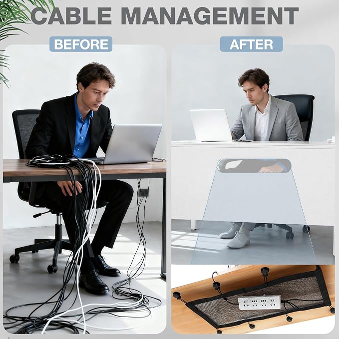 Tegeme 48'' Under Desk Privacy Panel with Cable Management Net Desk Skirt Self Adhesive Modesty Panel with Cord Organizer Pockets for Office Home Standing Workstation(White)