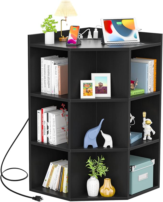 Aheaplus Corner Cabinet, Black Corner Storage with USB Ports and Outlets, Corner Cube Toy Storage for Small Space, Wooden Cubby Corners Bookshelf with 9 Cubes for Playroom, Bedroom, Living Room, Black