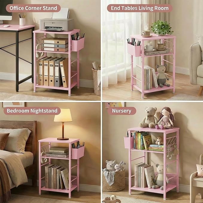 ECOLOVI 3 Tier Printer Stand for Under Desk, Height Adjustable Shelf Small Printer Table with 3 S-Hooks & Basket, Heavy Duty Industrial Storage Shelf for Home Office (Pink Wood)