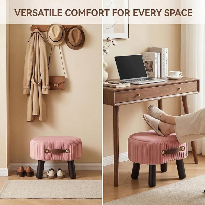 Foot Stools Small, Ottomon with Handle, Velvet Footrest Ottoman | Curved Foot Stool with Padded Seat Wooden Legs, Portable Foot Rest for Living Room, Bedroom, Entryway (Pink)