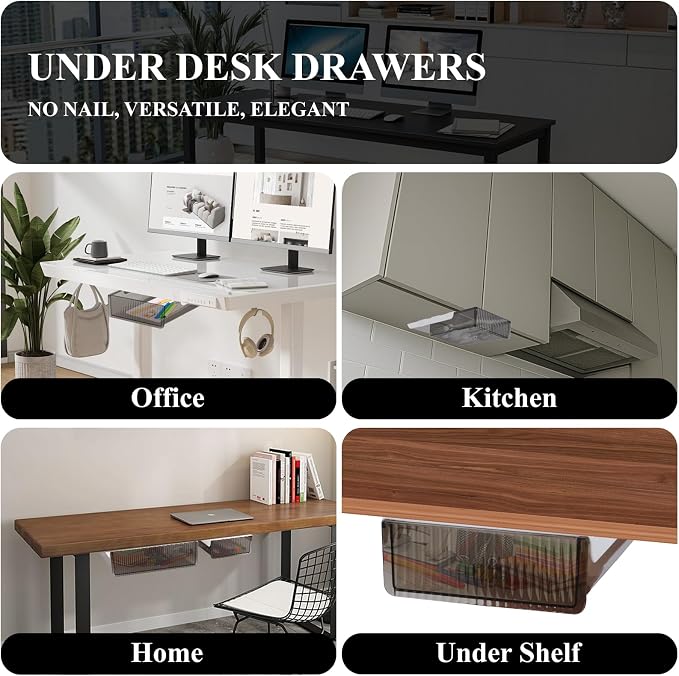 Boxalls Under Desk Storage Drawer, Under Table Slide Out Self-Adhesive Organization, Translucent Black Medium