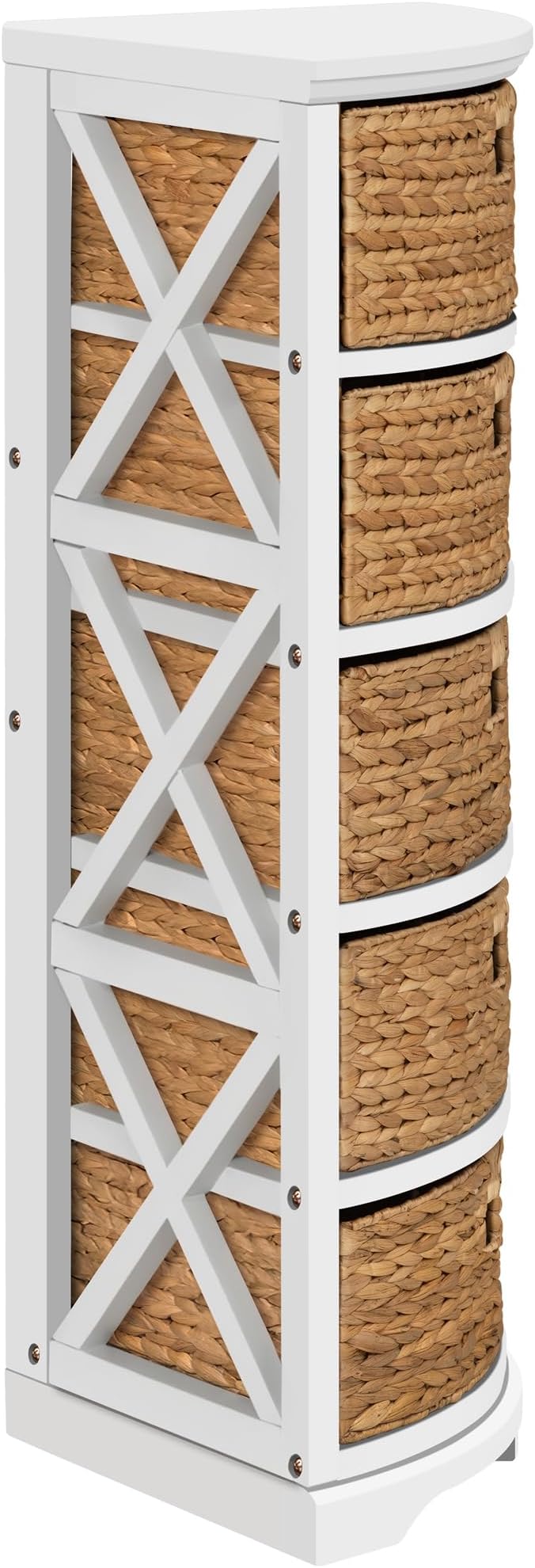 eHemco Hampton Meadows 5 Tier X-Side Corner Storage Cabinet with 5 Wicker Baskets, White