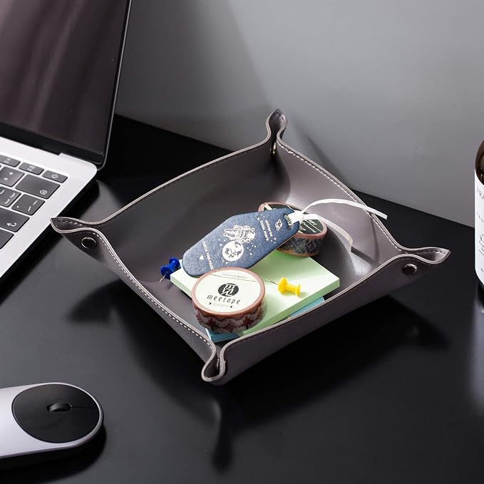 Leather Jewelry Valet Tray for Women and Man, Portable Entryway Table Tray Bedside Nightstand Desk Tray Small Catchall Travel Dish Plate for Key,Wallet,Watch,Coin (2PCs Grey-B)