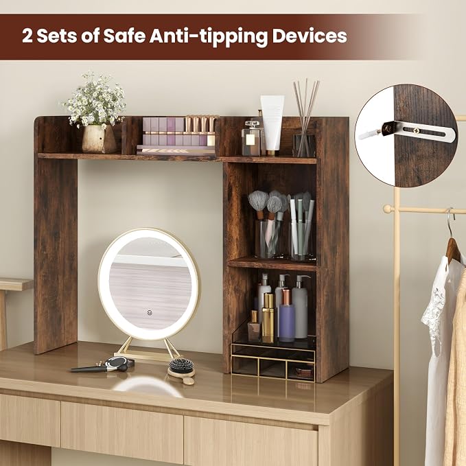 MAT EXPERT Desk Organizer, Wooden Desktop Shelf for 27 Inch Monitor with 5 Shelves & Non-Slip Foot Pads, Anti-Tipping Device, Multipurpose Desk Hutch for Study, Office, Dorm (Coffee)