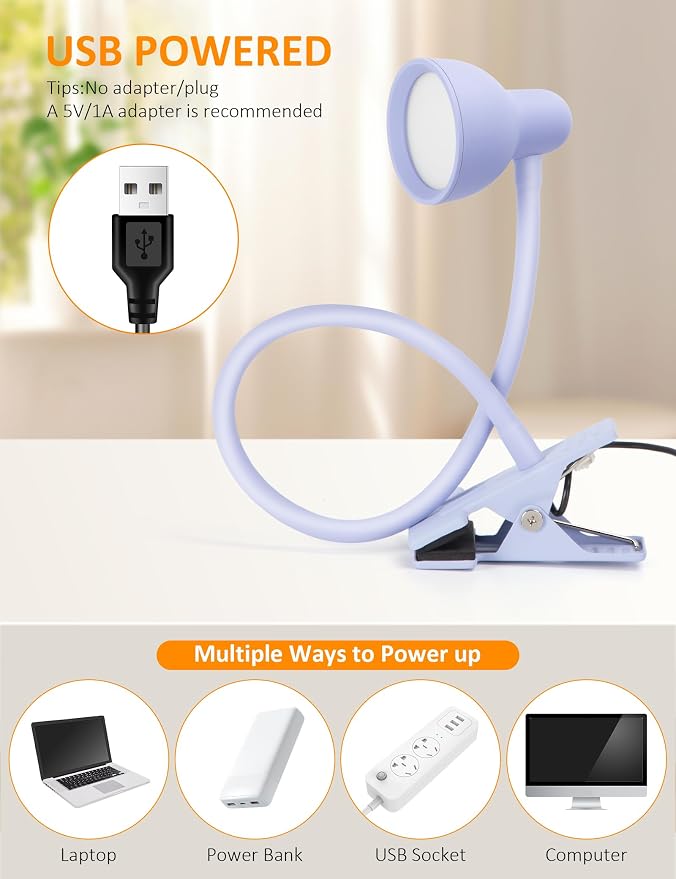 LiFMIRA Clip on Lamp USB Reading Light, 3 Color Modes, 10 Brightness Dimmable, Flexible Gooseneck Desk Lamp with Clamp, Eye Care Clip on Light for Bed Headboard Desk Home Dorm