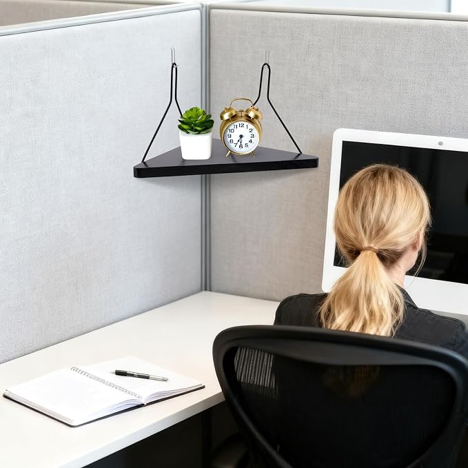 Fabric Wall Cubicle Corner Shelf with Hooks 11.8 Inch Wooden Triangular Cubicle Corner Shelf for Office Fabric Walls Display Storage Hanging Organizer for Work Decor Small Planter(Black,2 PCS)