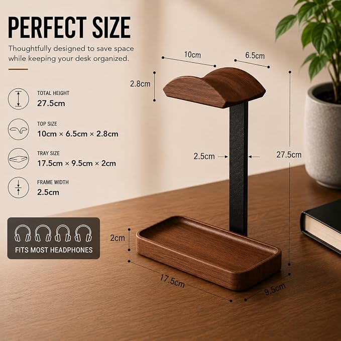 Walnut Headphone Stand - Solid Wood Universal Headset Holder, Premium Desktop Accessory for Gaming, Office & Streaming (Walnut Rectangular Base)