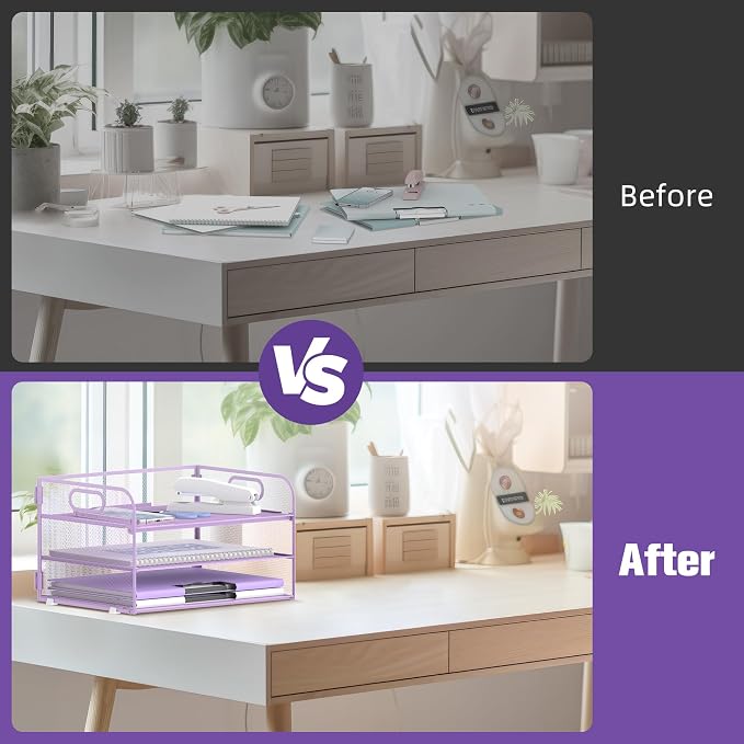 DALTACK 3 Tier Paper Organizer with Handle, Mesh Metal Desk Organizer with Sliding Paper Trays for Letter/A4 Paper, Mail, Bills & Folders, Purple
