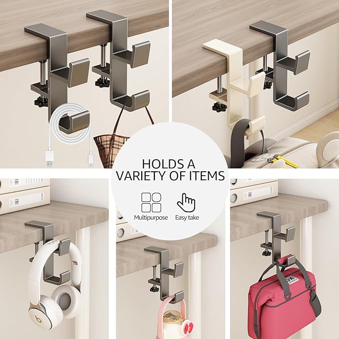 2 PCS Desk Bag Hook, Purse Hook for Table, Aluminum Under Desk Handbag Hanger, Desk Mount Backpack Holder, Umbrellas, Headphone Holder, Back to School Essentials - Cream+Gray