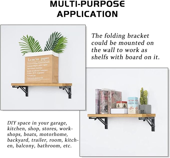 Folding Shelf Brackets - 16 Inch 6 Packs Heavy Duty Metal Collapsible Shelf Bracket, DIY Wall Mounted Foldable Shelf Bracket, Space Saving for Bench Table