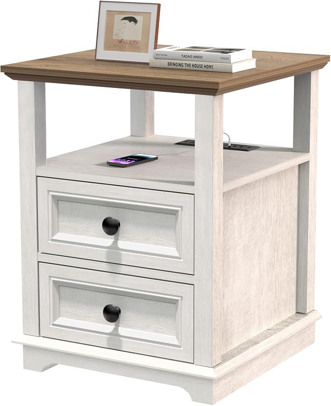 REDAYFUR 18" Wide End Table with Fast Charging Station Set of 2, 18” Wide Sofa End Table with Drawers,Storage Rustic Wood Storage Cabinet,Sofa Table for Living Room,White