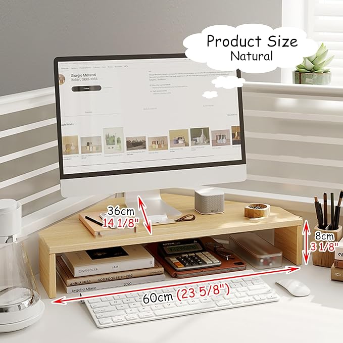 ROYUMI Triangle Corner Computer Stand, Desk Corner Monitor Riser with Storage, Keyboard & Mouse, Screen Stand Office Workspace Organizer (Natural, H-8cm)