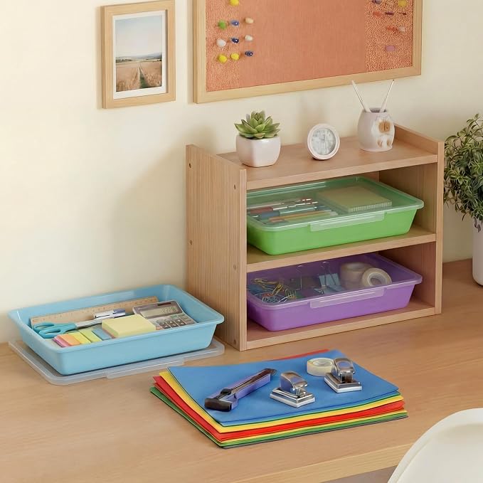 Tinlade 12 Pcs Classroom Paper Storage Bins with Clear Latching Lid, Label Stackable Letter Size Flat Tray Container for Teacher Back to School Supplies Home Office Desk Arts Crafts (Macaron,13x10in)