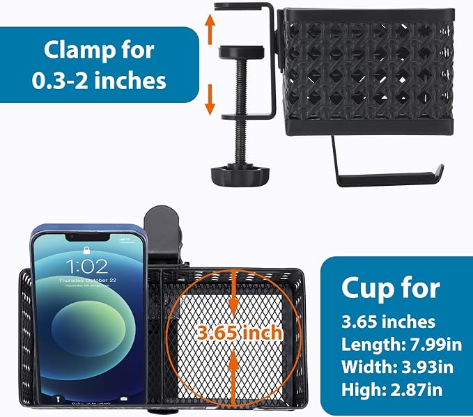 Desk Cup Holder, Clip on Cup Hook, Pen Holder Clamp Desk Organizer Pencil Holder Phone Holder Desk Storage for Office School Home (Black)