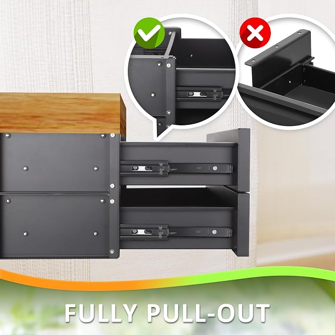 POPMOON 15 in 2-tier Under Desk Drawer,Adjustable Height, Under Desk Drawer Slide Out with Slide Extension Mounted Under Flat Wooden Table, Carbon Steel Hidden Desk Drawer for Office & Home