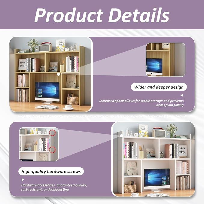 Desk Hutch Dorm, Desktop Bookshelf Organizer, Multifunctional Wooden Shelf Rack with Storage for Dorm Room, Office, Study, Space-Saving Design(Light Walnut,47.2x7.8x35.4in)