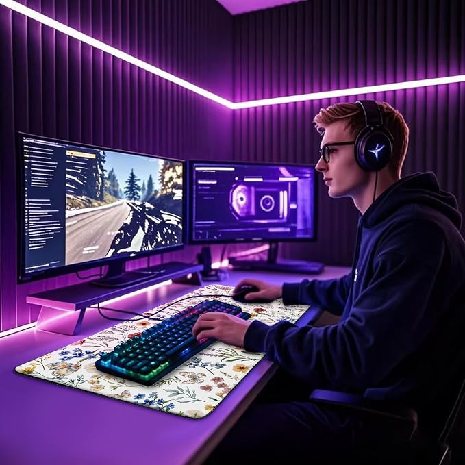 Flower Large Gaming Mouse Pad 31.5"x15.7"| Weed Floral Plants XXL Desk Mat, Non-Slip Rubber Base & Stitched Edges - Extended Waterproo Mousepad for PC/Laptop/Office/Home Decor