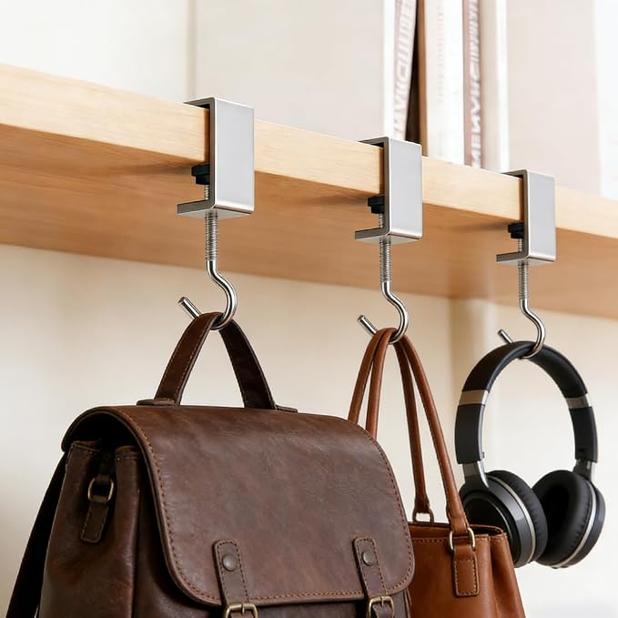 8 Pcs Desk Hook, Adjustable Shelf Hooks Heavy-Duty Table Hook Clamp Metal Desk Hanger Hanging Bag Backpack Headphones, Tool-Free Installation Desktop Mounting Hook (Sliver 8 Pcs)