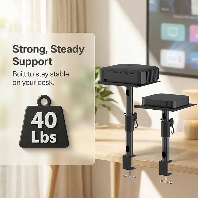2-Pack Adjustable Clamp On Projector Stand Table, Heavy Duty 40 lbs Each, Dual Utility Tabletop Stands for Projector & Streaming Device, Gaming Console, Laptop – Home Theater & Office Setup