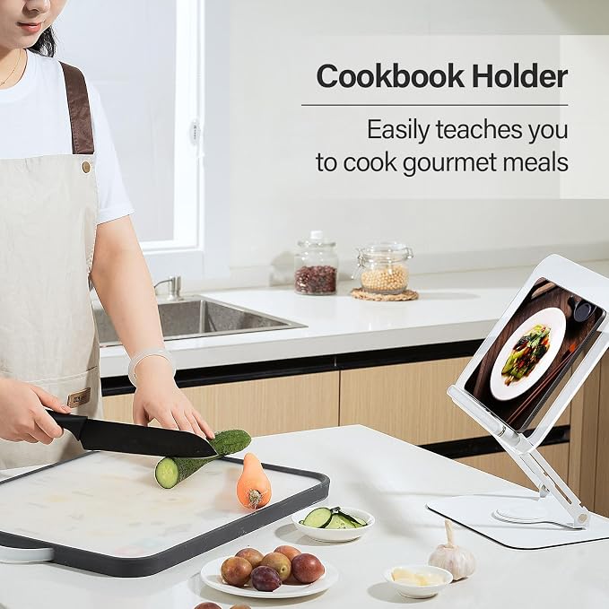 BYMECOST Acrylic Book Stand for Reading, Adjustable Book Holder with 360° Rotating Base & Elastic Page Clips, Foldable Desktop Riser Stand for Cookbook,Laptop,Tablet,Music Scores,Recipe,Textbook