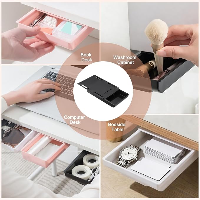 PATIKIL Under Desk Drawer Slide Out, 8.66 x 6.1" Plastic Table Storage Drawers Slide Out Storage Box for Laptop Study Desks Dining Dressing Tables Wardrobes Cabinets, Black