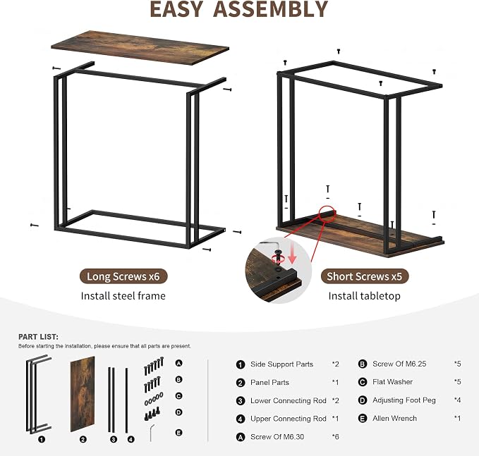 C-Shaped Side Table, Modern End Table with Metal Frame, Space Saving Design for Living Room,Large Surface Couch Table for Bedroom, and Home Office,24 x 12 x 24 inches (Brown)
