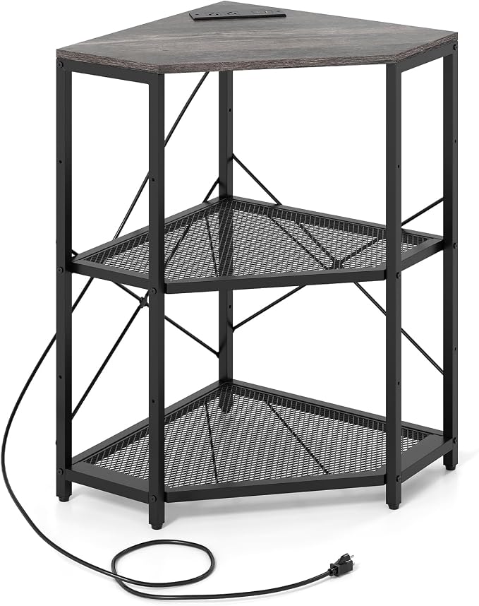 Tangkula Corner Printer Stand with Power Outlet, 3-Tier Storage Rack with Adjustable Metal Mesh Shelf, Freestanding Corner Table Computer Tower Holder for Home Office Living Room (Grey & Black)