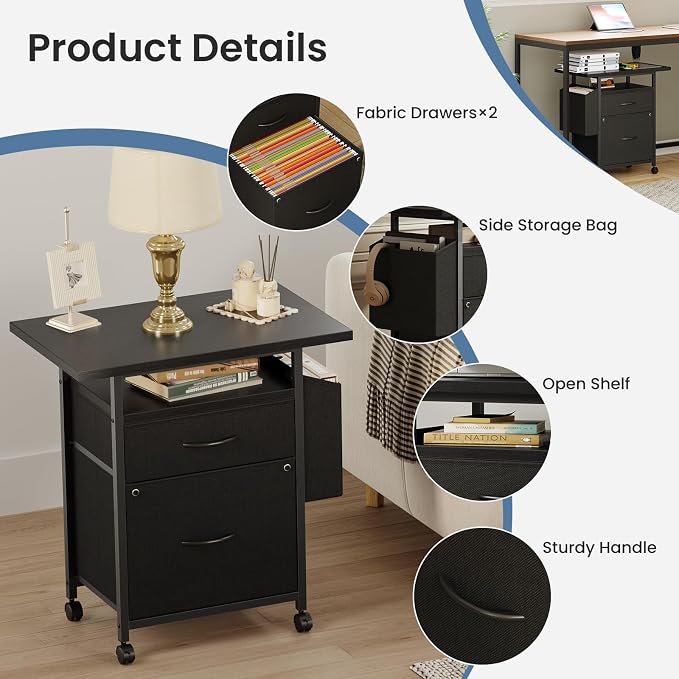 DUMOS 2 Drawer Mobile File Cabinet, Fabric Filing Cabinet with 24'' Desktop,Small Office Drawers Under Desk Fits A4/Letter Size, Rolling Printer Stand with Storage Side Bag for Home Office, Black