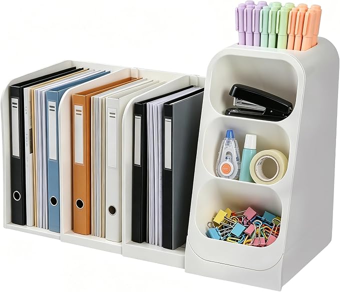 Multifunctional & Retractable Office Desk Organizer and Bookshelf, Small Space Desk Organizer with Magazine File Holder and Pen Holder,Desk Accessories & Workspace Organizers Office Supplies