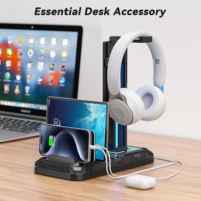 KDD Headset Stand with Charging Station - Detachable Controller Holder with 9 Light Modes - Rotatable Headphone Hanger with USB A&C Charger Ports - Earphone Hook for PC Gaming Accessories Storage