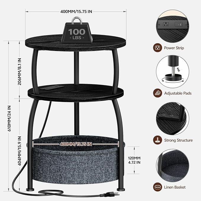 Small Side Table with Charging Station and Type C, Small Coffee Table with Basket, Space Saving End Table 3-Tier Bedside Corner Table Stand for Living Room, Bedroom, Garden 15.75in Classic Black