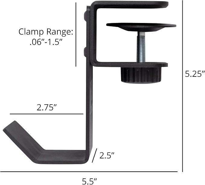 Stand Up Desk Store Clamp-On Under Desk Headphone Hanger, Backpack Hook, and Purse Holder - Black