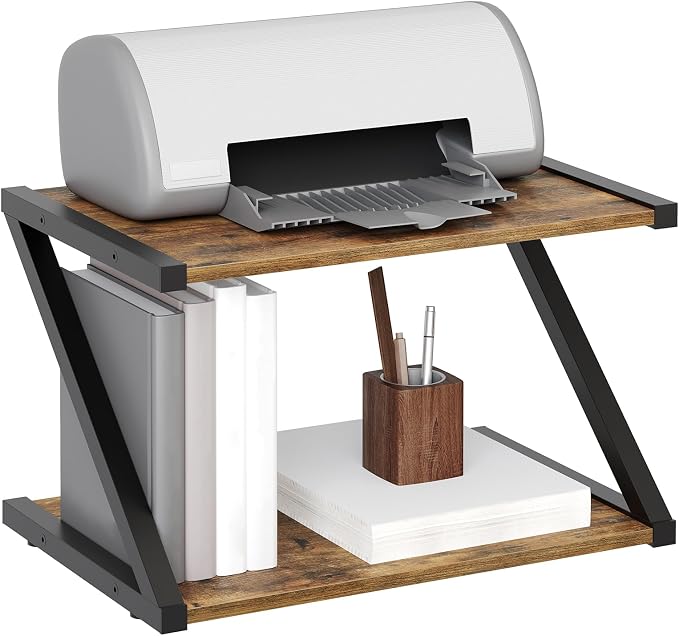 YATINEY Desktop Printer Stand, 2-Tier Printer Table with Storage Shelf, Under Desk Printer Stand for Office, Open Organizer Shelf, Easy Assembly, Rustic Brown PS02BR