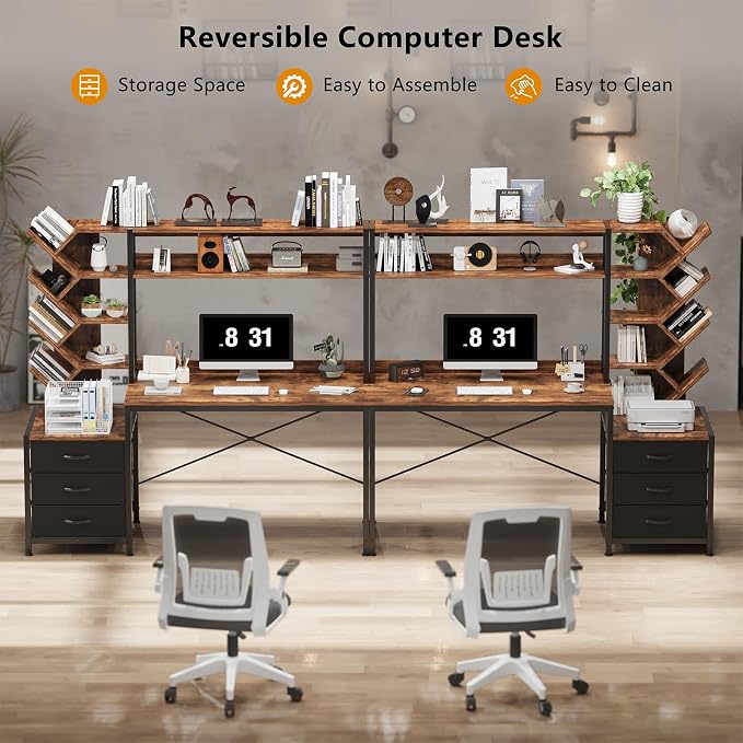 YOMILUVE Reversible Computer Desk with Hutch, Home Office Desk with Drawers and Bookshelf, 52'' Study Writing Desk with Storage Shelves for Bedroom Home Office, Rustic Brown