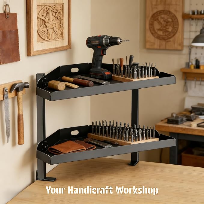 CanKing Desk Clamp Corner Shelf 16 Inch Metal Organizer 2 Tier Adjustable Storage Rack Fits on or Under Table for Desktop Accessories Tray
