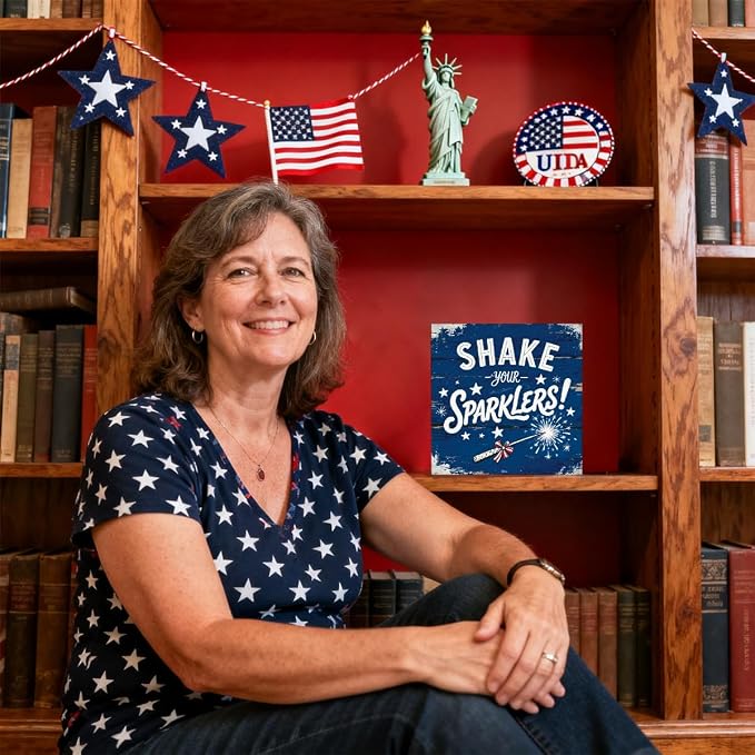 Patriotic Wooden Box Sign,Shake Your Sparklers 4th Of July Signs Home Decor,Independence Memorial Day Block Sign for Desk Shelf Tabletop Decor