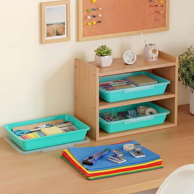 Tinlade 12 Pcs Classroom Paper Storage Bins with Clear Latching Lid, Label Stackable Letter Size Flat Tray Container for Teacher Back to School Supplies Home Office Desk Arts Crafts (Teal,13x10in)